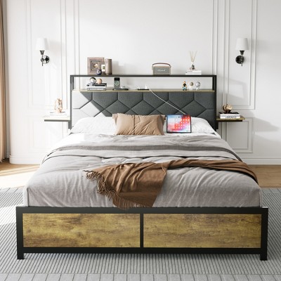 LOVMOR Full Queen King Size Platform Bed Frame with LED Lights, Charging Station, No Box Spring Needed, Easy Assemble