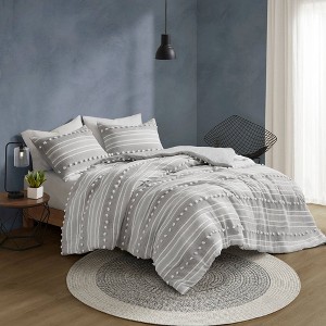 King/California King Kylar Striped Clipped Jacquard Duvet Cover Set Black - Urban Habitat: Modern Bedding Set with Pillow Shams - 1 of 4
