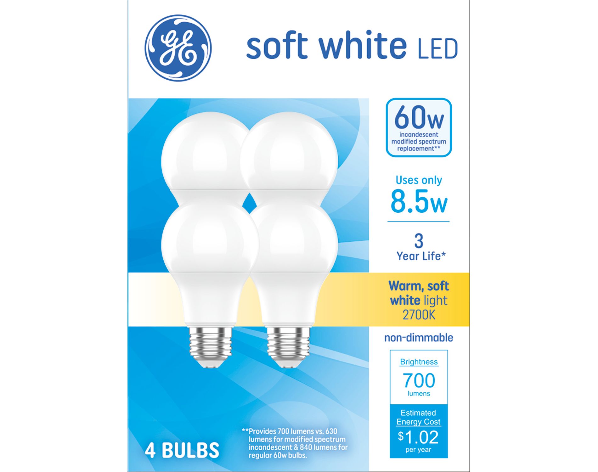 GE 4pk 60W Soft White A19 LED Light Bulbs