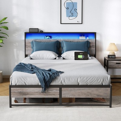 Metal Bed Frame with Headboard Shelf, Charging, LED
