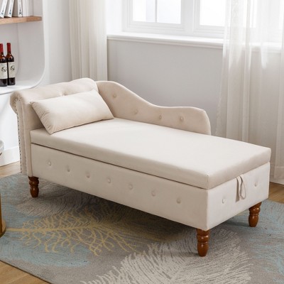 VYNXARIA Beige Velvet Chaise Lounge with Storage & Pillow - Timeless Elegance for Your Home