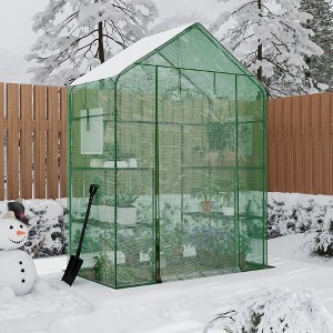 57x29x77-Inch Mini Walk-in Greenhouse, Transparent PE Cover with Anchor, 3-Tier Design, 4 Shelves for Indoor and Outdoor Planting - 1 of 4
