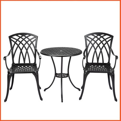 Cast Aluminum Patio Bistro Set with Umbrella Hole, 3 Piece Outdoor Bistro Set Rust-Resistant, Patio Table and Chairs