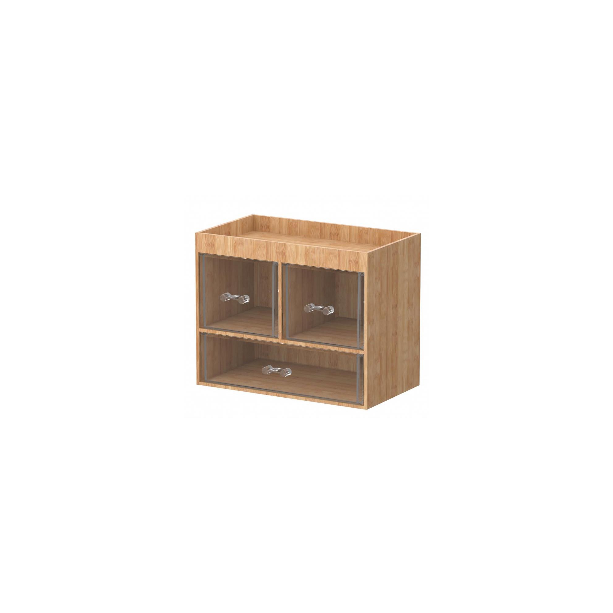 Bamboo Cosmetic Drawer Organizer with Open Shelf & 3 Acrylic Drawer Compartments, Nonslip Makeup, Jewelry & Skincare Organizer