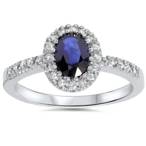Pompeii3 3/4ct Oval Blue Sapphire Halo Diamond Ring 14K White Gold - 1 of 4
