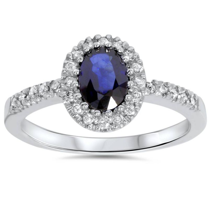 Pompeii3 3/4ct Oval Blue Sapphire Halo Diamond Ring 14K White Gold, 1 of 6
