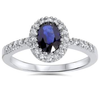 Pompeii3 3/4ct Oval Blue Sapphire Halo Diamond Ring 14K White Gold