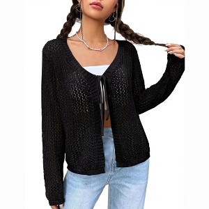 Coolmee Women's Lightweight Crochet Cardigan Tie Front Shrugs Knit Crop Tops - 1 of 3