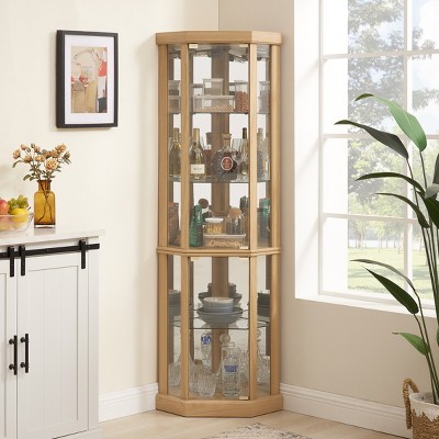 Okak Corner Cabinet, Curio Cabinet with Glass Doors and Shelves, Corner Display Case for Living Room