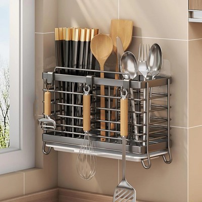 LunaLulinlk Utensil Holder, Dish Drainer for Kitchen Counter, 3 Compartments Stainless Steel Utensil Drying Rack, Wall Mouted Kitchen Utensils Holder