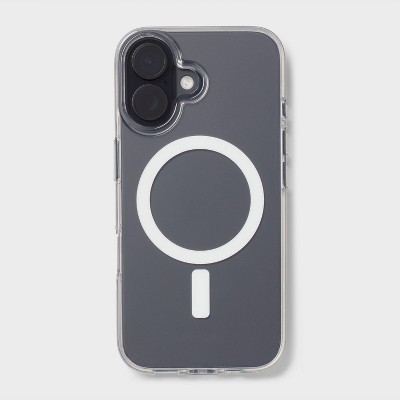 A clear phone case with a white circular design on the back, fitted on a phone with dual cameras.