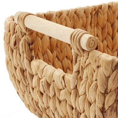 Small Oval Water Hyacinth Storage Baskets with Wooden Handles