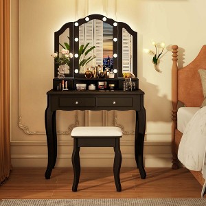 Costway Makeup Vanity Set with Tri-Fold Mirror & LED Lights 4 Drawers Open Shelf White/Black - 1 of 4