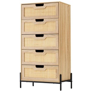 5 Drawer Dresser, Rattan Chest of Drawers, Wooden Dresser with Metal Legs, Mid Century Modern Tall Drawer Dresser - 1 of 4