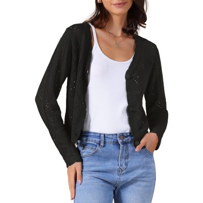 INSPIRE CHIC Women's Long Sleeve Button Down Knit Hollow Out V Neck Cropped Cardigans