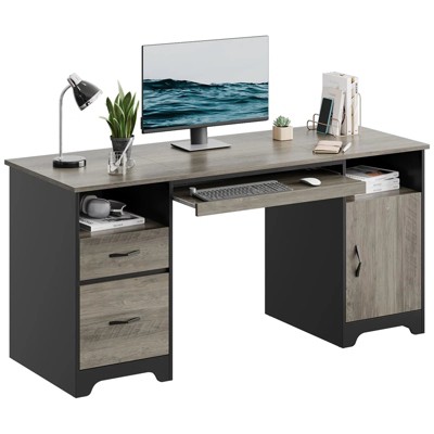 Gray Executive Desk with Storage Cabinet and Keyboard Tray