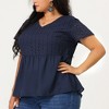Agnes Orinda Women's Plus Size Contrast Panel Eyelet V Neck Elastic Back Short Sleeve Blouses - 2 of 4