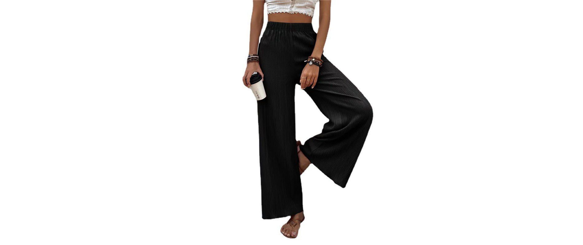 Women's Casual Loose - Fit Wrinkle - Textured Wide - Leg Pants, Comfortable and Flattering Trousers for Daily Wear Black L