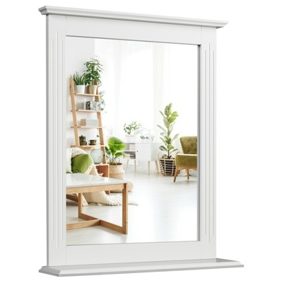 Tangkula Square Vanity Makeup Mirror Bathroom Wall Mirror w/ Holding Shelf White