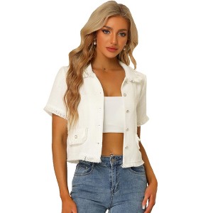INSPIRE CHIC Women's Tweed Cropped Length Summer Short Sleeve Shirt with Tassel - 1 of 4