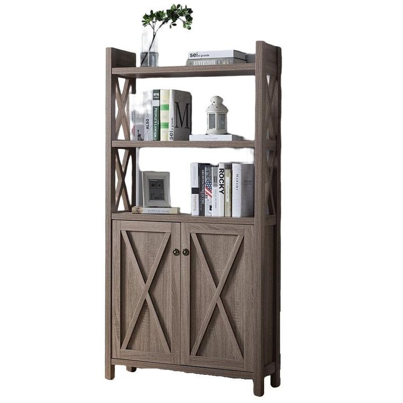 FC Design Wooden Display Bookshelf with Three Top Shelves and Storage Cabinet with Three Interior Shelves in Dark Taupe Finish, 1 of 5
