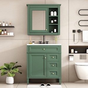 30in Bathroom Vanity With Top Sink, With 2 Drawers, 1 Tip-Out Drawer&1 Storage Cabinet, Modern Freestanding Bathroom Storage Cabinet With Mirror - 1 of 4