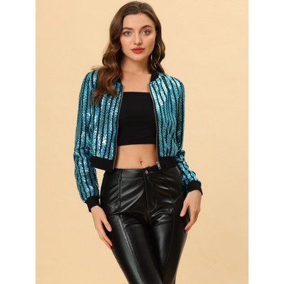 INSPIRE CHIC Women's Glitter Sparkle Long Sleeve Front Zip Party Shiny Crop Bomber Sequin Jackets Blue Small — фото 2