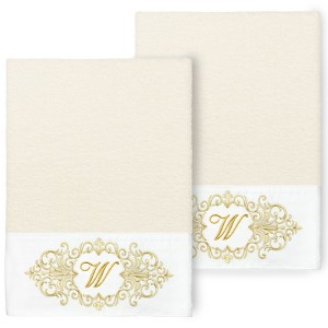Linum Home Textiles 100% Turkish Cotton MONICA Gold Thread 2PC Embellished Bath Towel Set - 1 of 3
