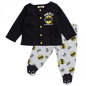 Kids Batman Hero In Training Outfit with Snap Shirt and Baby Footed Pants Pajamas Set - 6-9 Months - 1 of 4