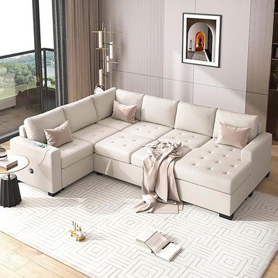 U Style Modular Combination Sofa Set, Sectional Sofa with Convertible Sofa Bed, USB and Type-C Interfaces, Footstool for Living Rooms, Offices