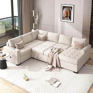 U Style Modular Combination Sofa Set, Sectional Sofa with Convertible Sofa Bed, USB and Type-C Interfaces, Footstool for Living Rooms, Offices - 1 of 4