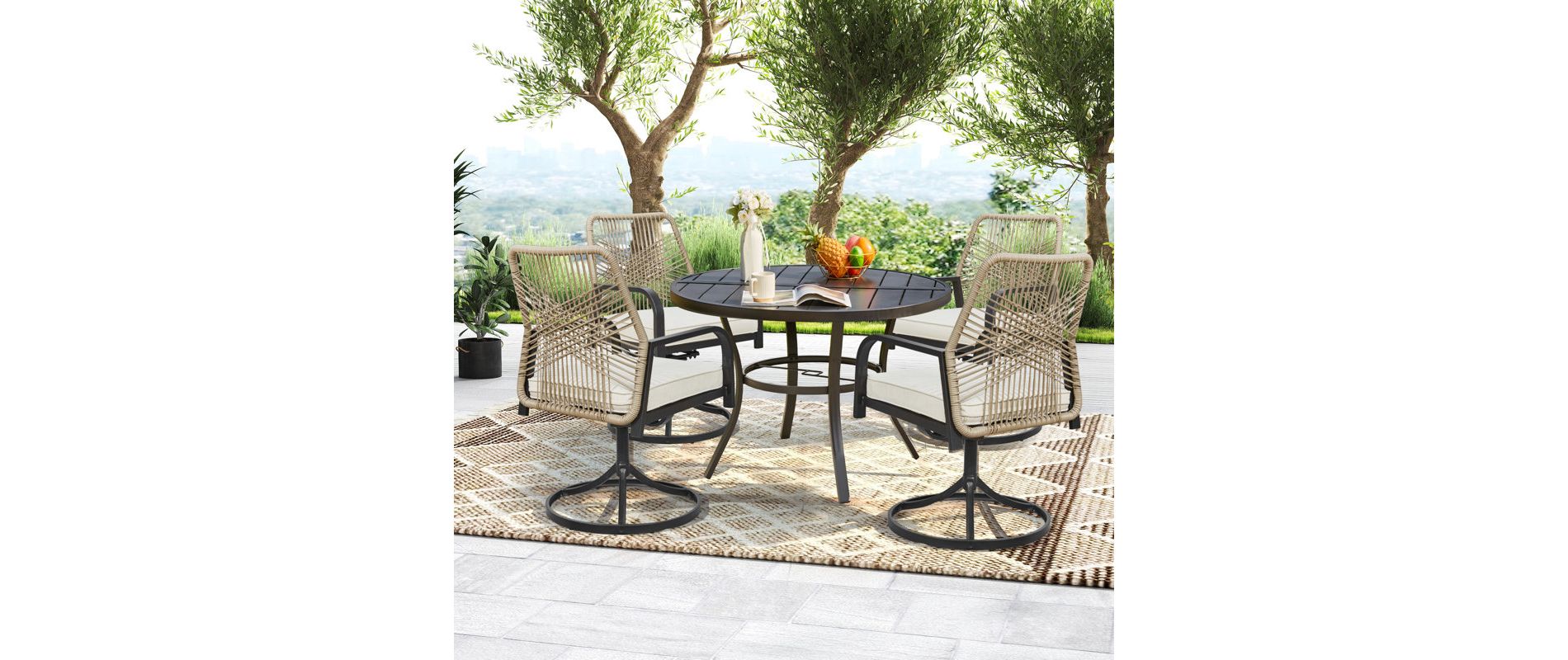 EROMMY 5 Pieces Outdoor Patio Dining Set,4 Woven Rattan Swivel Chairs With Cushions & Metal Round Table