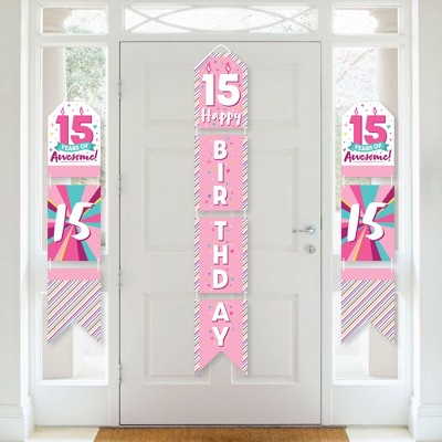 Big Dot of Happiness Girl 15th Birthday - Hanging Vertical Paper Door Banners - Teen Birthday Party Wall Decoration Kit - Indoor Door Decor