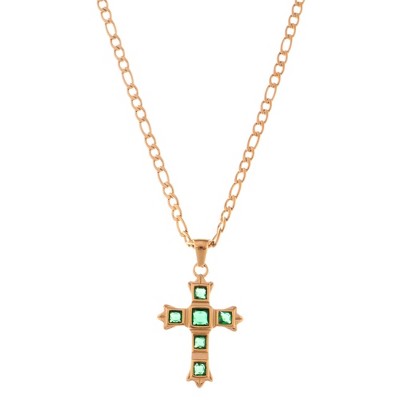 Anna-Kaci Gold Tone Cross Pendant Necklace with Green Gemstone Accents
