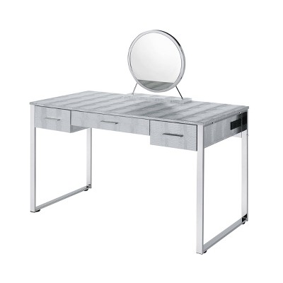 50" Antique White and Chrome Vanity Set with Faux Fur Bench