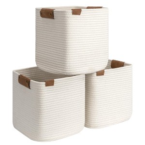 Aoibox White Woven Cotton Rope Storage Baskets with Removable Leather Decoration Organizer for Shelves 11in 3 Pack - 1 of 4