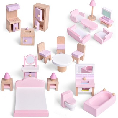 Fun Little Toys 22Pcs Wooden Dollhouse Furniture Set, Pink Playset with Accessories, Pretend Play Toy for Kids Ages 3+