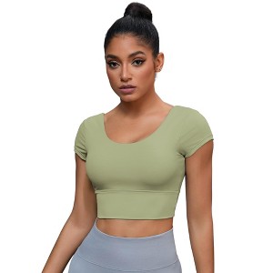 INSPIRE CHIC Women's U Neck Short Sleeve Deep V Back Workout Tank Tops with Bulit in Bra - 1 of 4