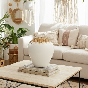 Vase Pottery Terracotta Woven Rattan Neck 10 Inch Boho Style White Finish Home Office Bedroom Living Room Decor - 1 of 4