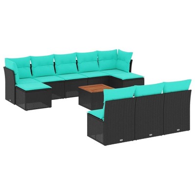 vidaXL 11 Piece Patio Sofa Set with Cushions Black Poly Rattan - Black and Blue