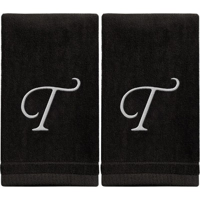 Creative Scents Black Fingertip Monogrammed Towels White Embroidered