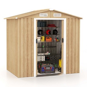 Costway 6 x 4 FT Outdoor Storage Shed Galvanized Steel Shed with Sliding Doors Wood Grain Natural/Grey - 1 of 4