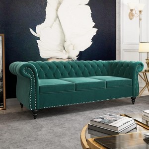 ORRD Chesterfield Sofa Faux Leather, Modern PU Tufted Couch 3 Seater with Rolled Arms and Nailhead for Living Room, Bedroom - 1 of 4