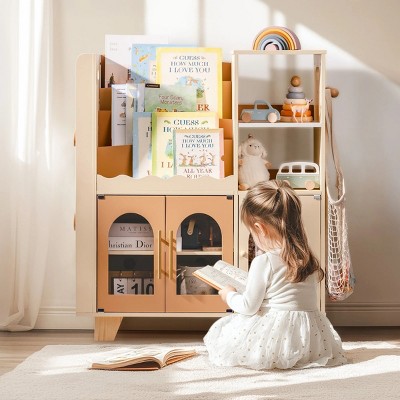 ROBOTIME Decorative Bookshelf Bookcase Wooden Book Shelf Storage Shelves, Kids Toy Storage Organizer, Living Room Furniture Brown, 6.42"*16.34"*35.16"