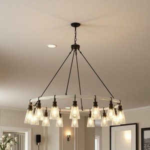 BAOURE 12 Light Wagon Wheel Chandelier Farmhouse Rustic Pendant Light with Seeded Glass Shade for Dining Room Living Room - 1 of 4