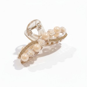 Anna-Kaci Beaded Flower Metal Hair Claw Clip with Curved Design and Textured Accents - 1 of 4