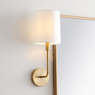 Contemporary Brass Gold Wall Sconce with Off-White Cotton Shade