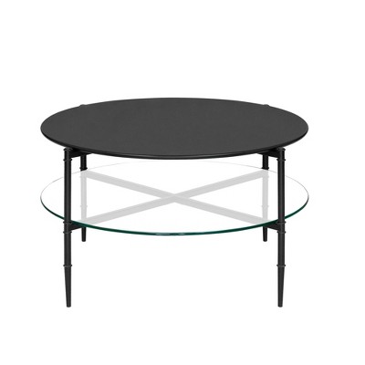 Caroline Round Glass Top Coffee Table with Wood Shelf Black - Martha Stewart: Chic Modern Design, Matte Metal Frame