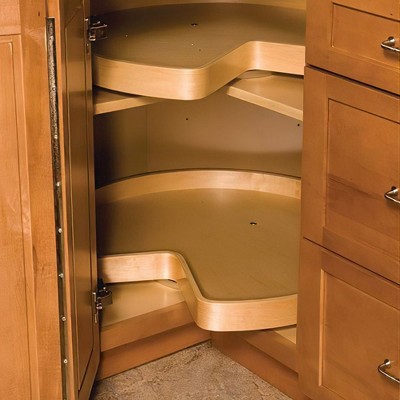 Rev-A-Shelf Single D Shape 28" Lazy Susan Organizer for Upper Corner Wall Kitchen Cabinets, Turntable Storage w/ Swivel Bearing, Wood, 4WLS201-28-BS52 — фото 2