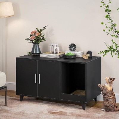 Lirago Hidden Cat Litter Box Furniture with Scratching Mat Black Multi-functional Scratch-resistant Heavy Duty Easy Assembly Cat Washroom Cabinet